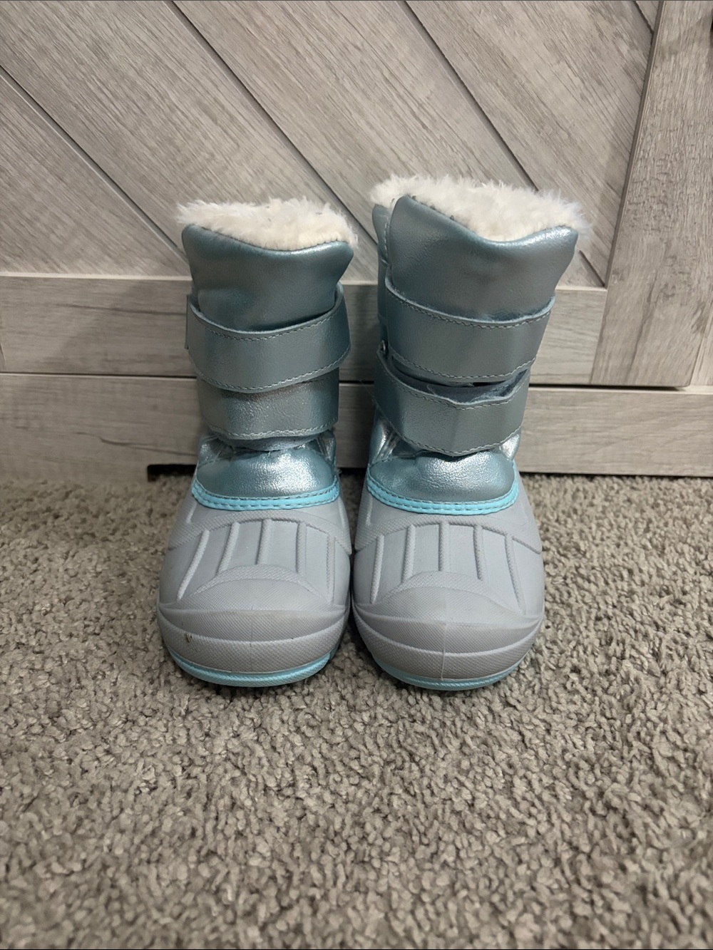 Cozy Metallic Light Blue Kids Snow Boots with Faux Fur Cuff